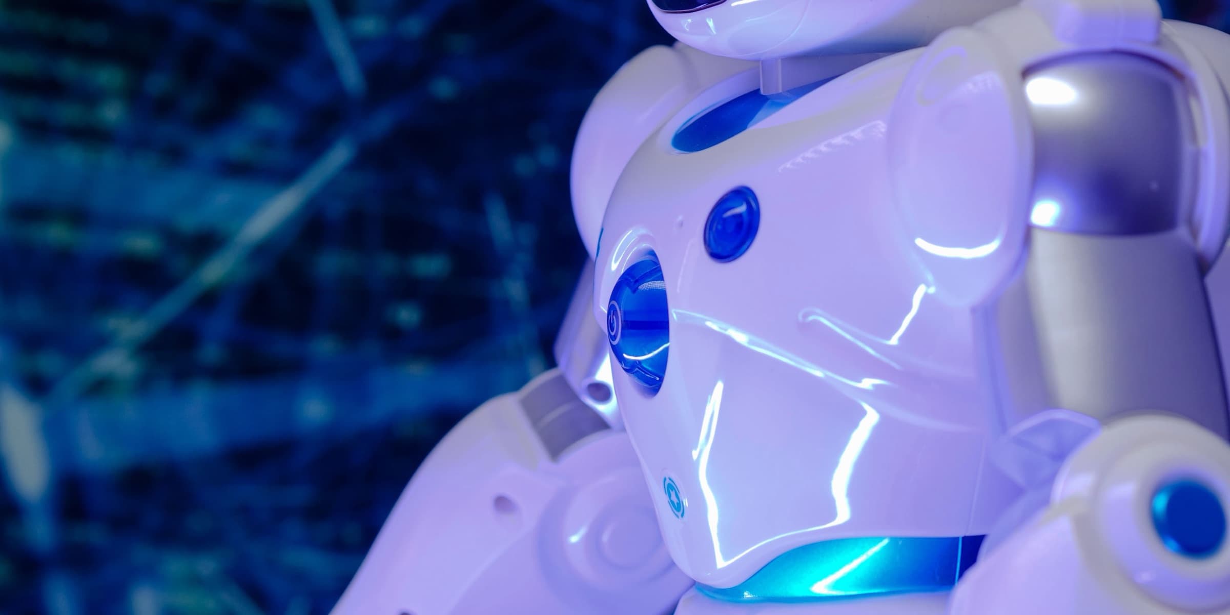 Humanoid robot with glowing blue lights